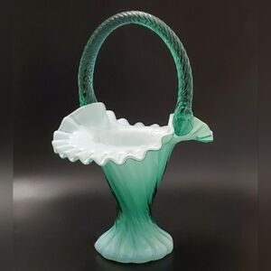 1998 Fenton 10 1/2" Opic Swirl Spruce Green Overlay White Crimped Edge Basket